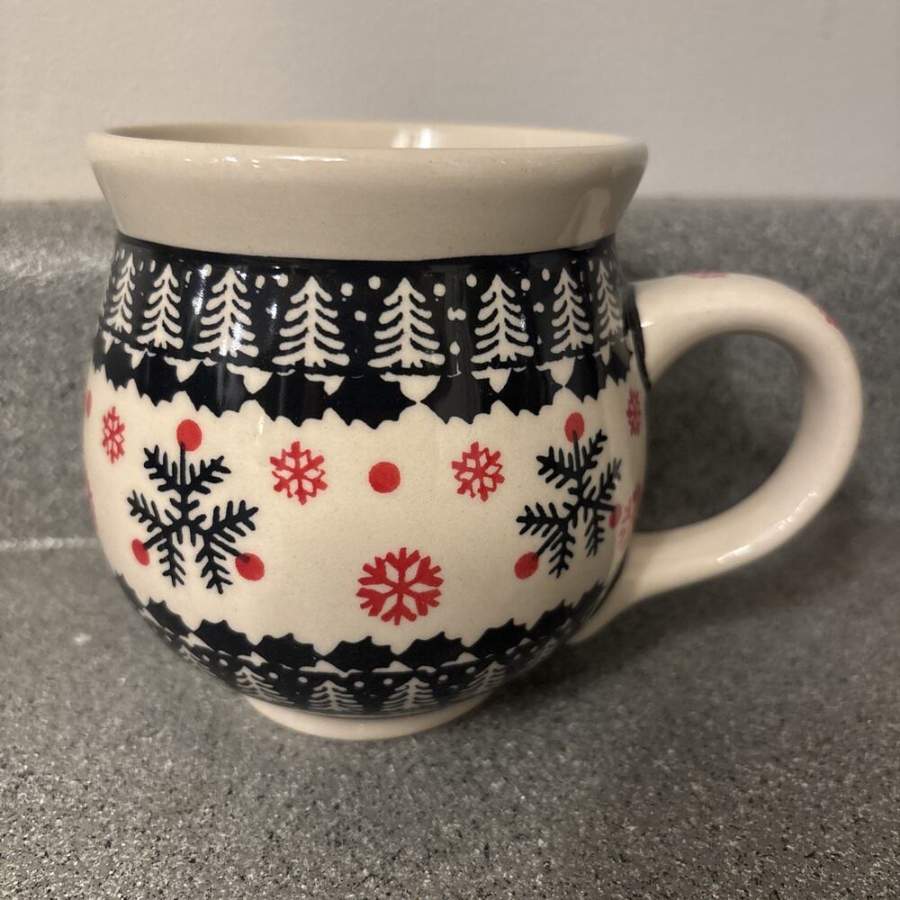 Polish Pottery Large Bubble Mug Snowflakes Pine Trees